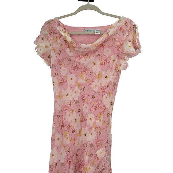 VTG JACLYN SMITH SZ 8 SILK Y2K FLORAL FAIRY DRAPPED NECK LINE RUFFLE MIDI DRESS - Picture 4 of 5